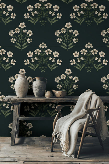 Cream Cherry Blossom Pattern on Black Wallpaper