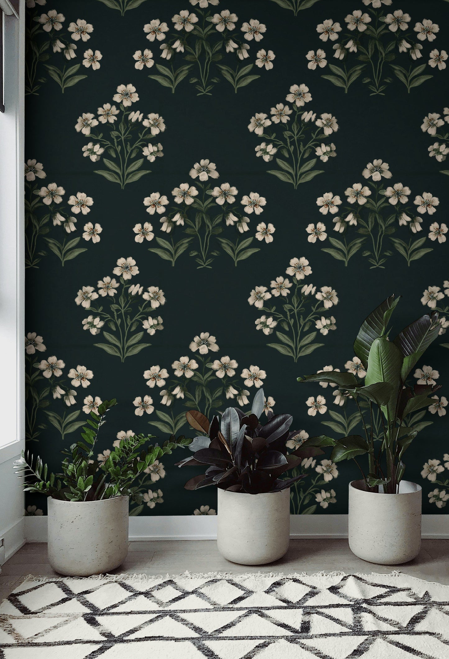 White Floral Wallpaper Dark Botanical Vintage Wall Mural