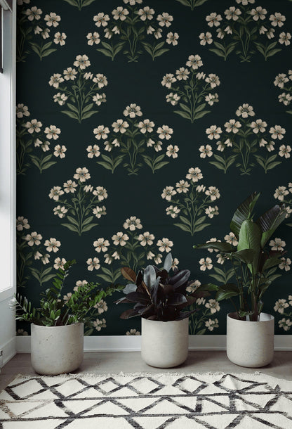 Cream Cherry Blossom Pattern on Black Wallpaper