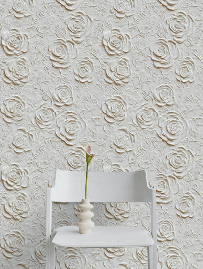 Beige Embossed Rose Floral Wallpaper