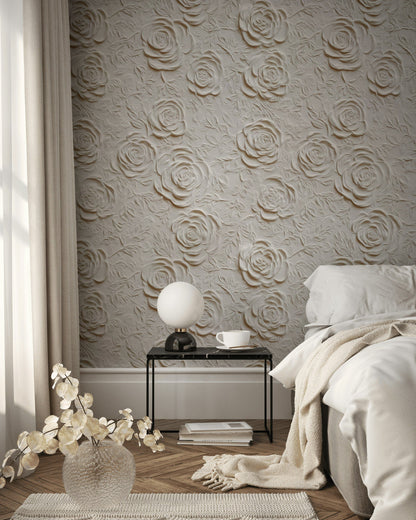 Beige Embossed Rose Floral Wallpaper