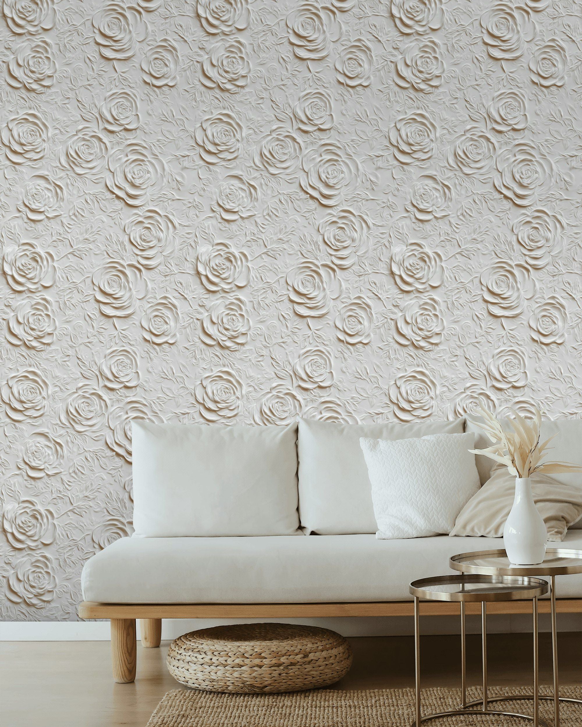 Beige Embossed Rose Floral Wallpaper