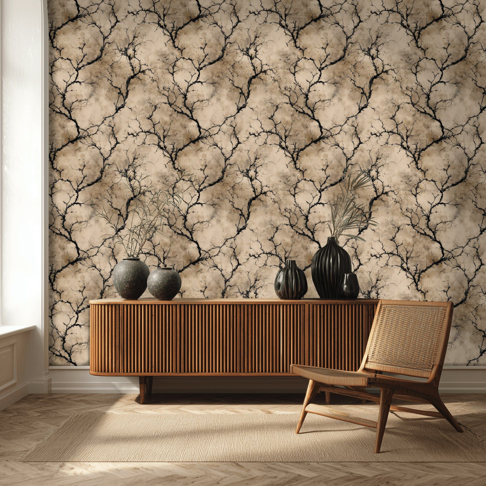 Beige and Black Abstract Branch Pattern Wallpaper