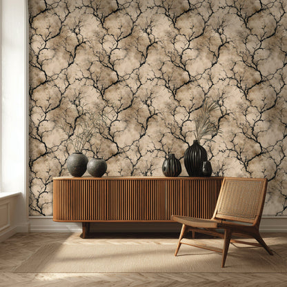 Beige and Black Abstract Branch Pattern Wallpaper