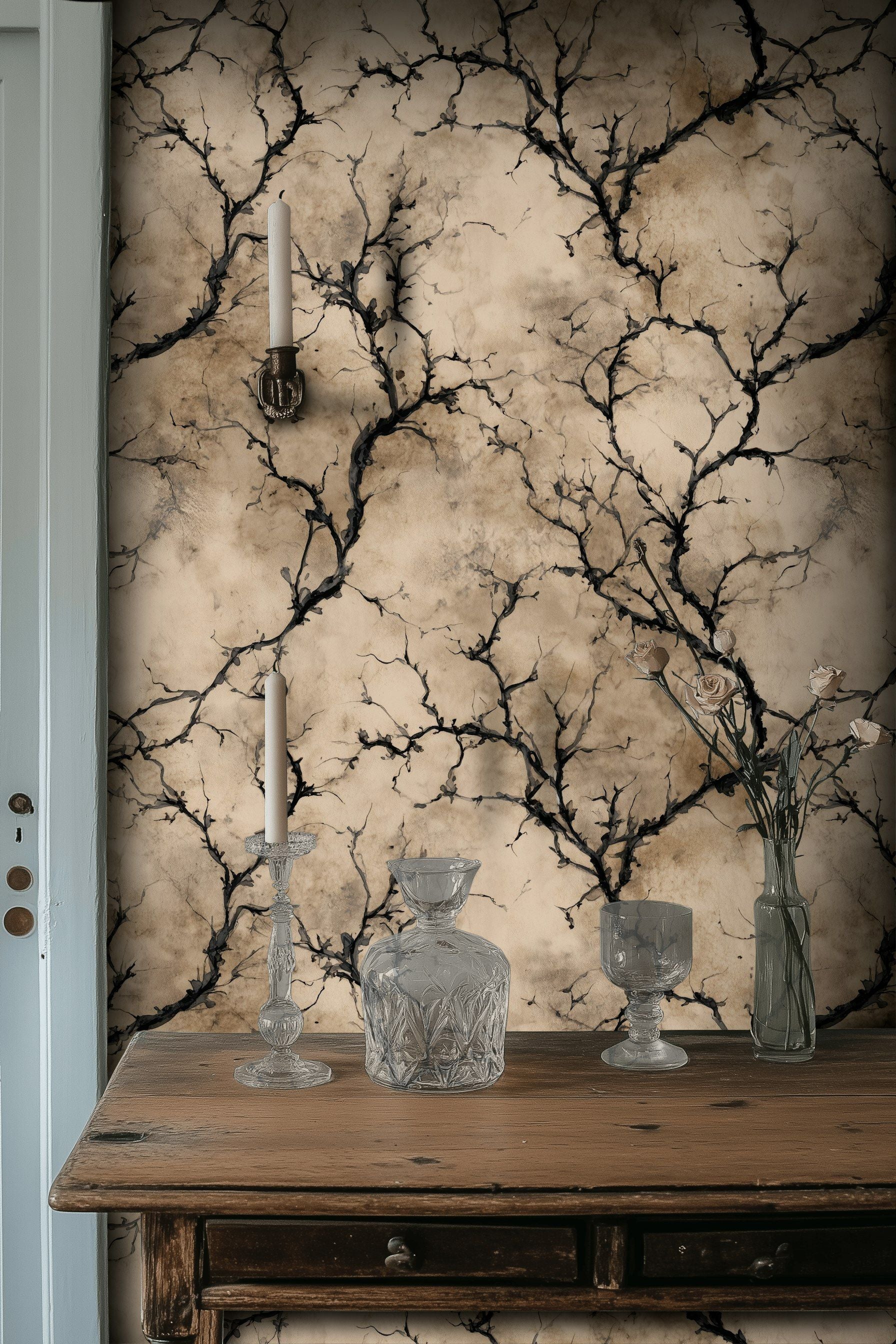 Beige and Black Abstract Branch Pattern Wallpaper