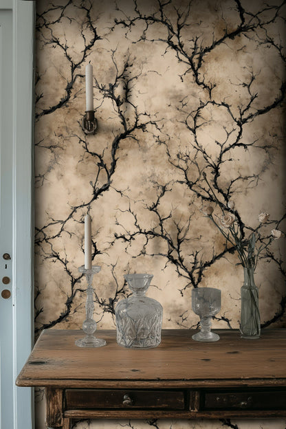 Beige and Black Abstract Branch Pattern Wallpaper