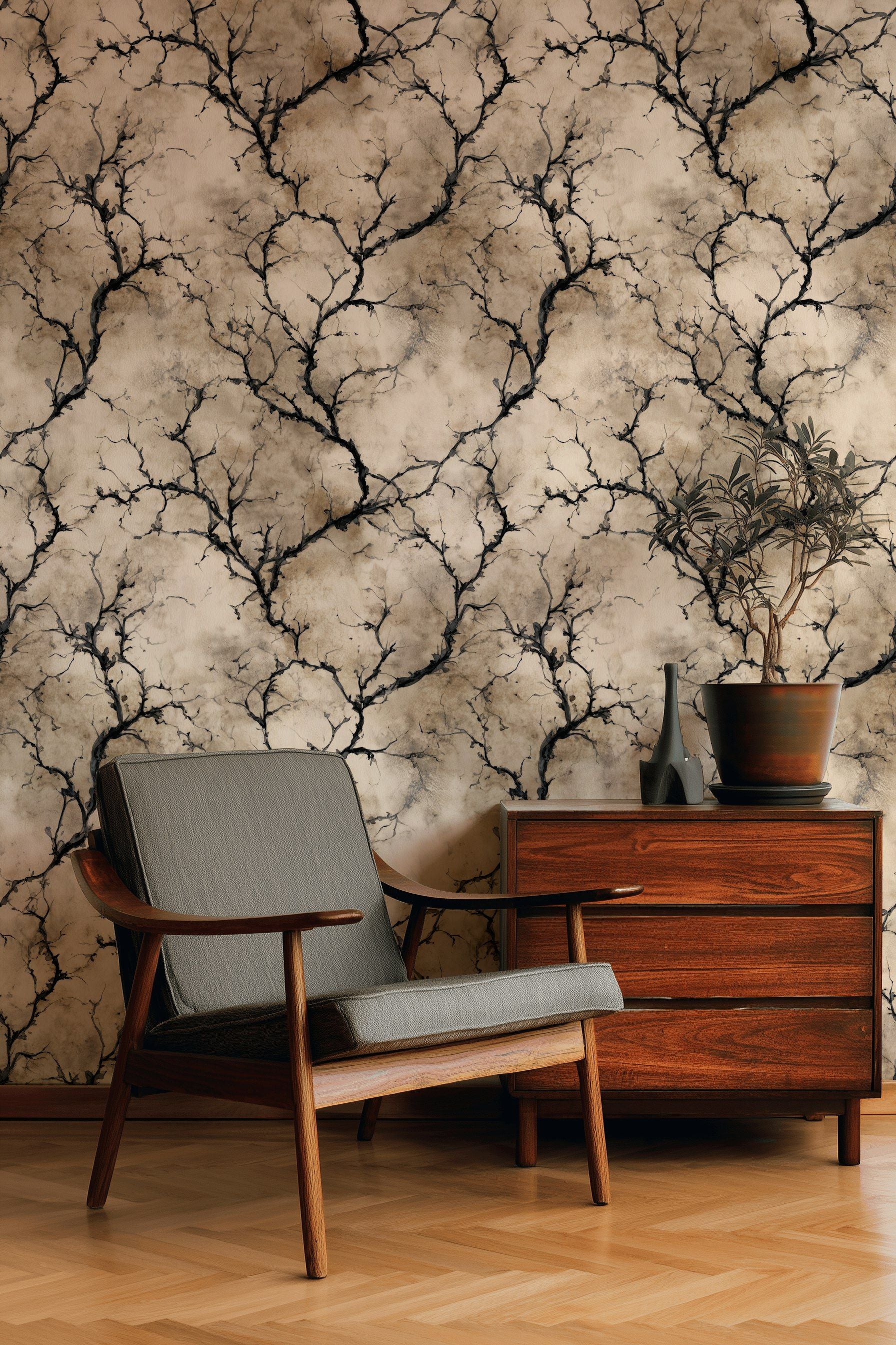 Beige and Black Abstract Branch Pattern Wallpaper