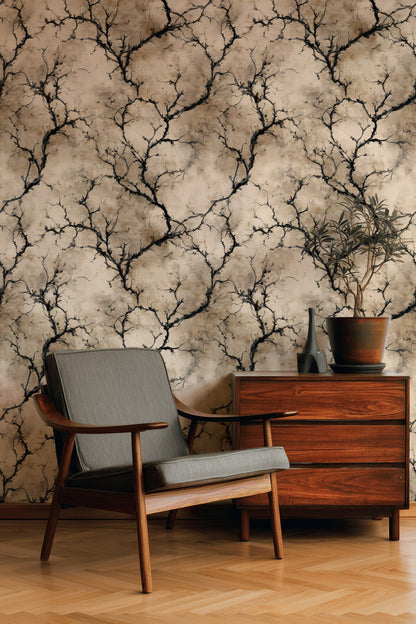 Beige and Black Abstract Branch Pattern Wallpaper