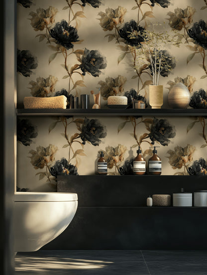 Elegant Beige and Black Peony Floral Wallpaper
