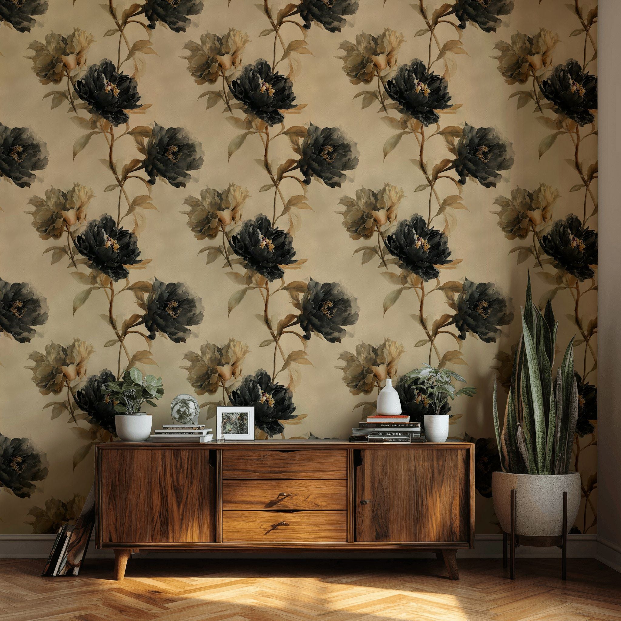 Elegant Beige and Black Peony Floral Wallpaper