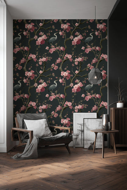 Dark Charcoal Cherry Blossom and Heron Wallpaper