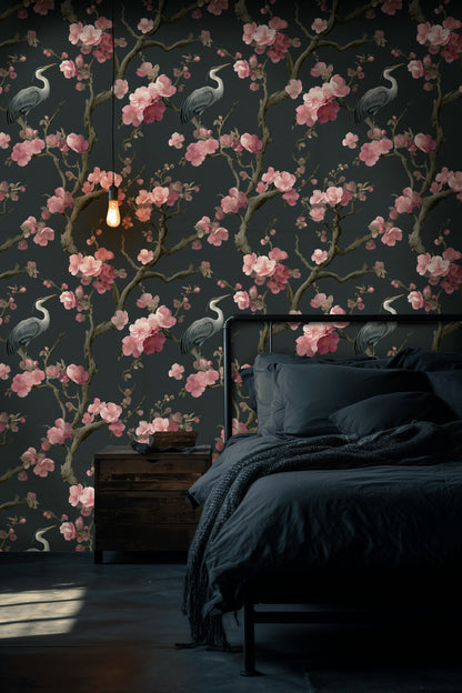 Dark Charcoal Cherry Blossom and Heron Wallpaper