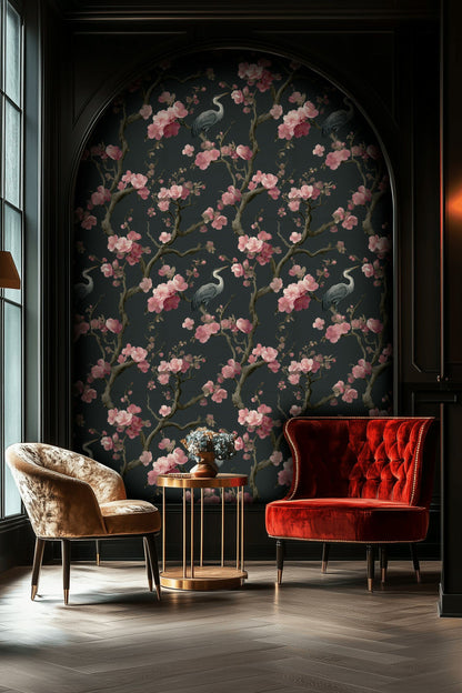 Dark Charcoal Cherry Blossom and Heron Wallpaper