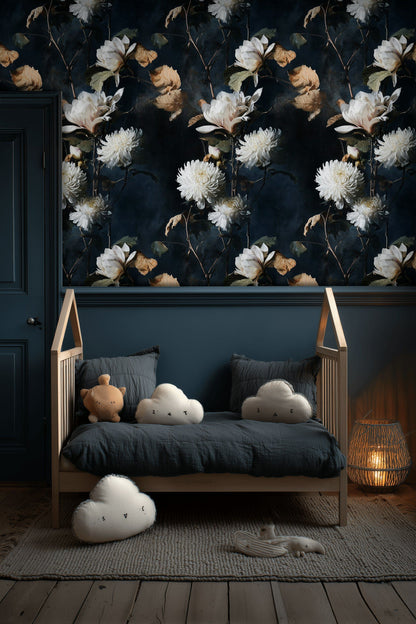 Navy Blue Large Floral Bouquet Wallpaper
