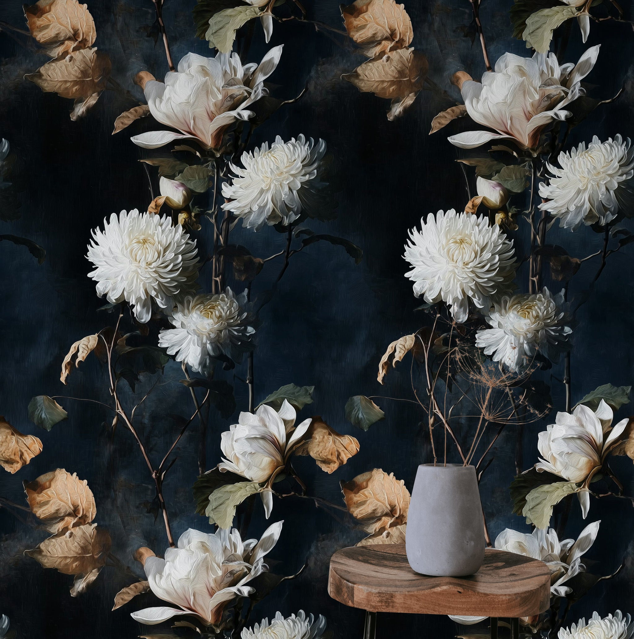 Navy Blue Large Floral Bouquet Wallpaper
