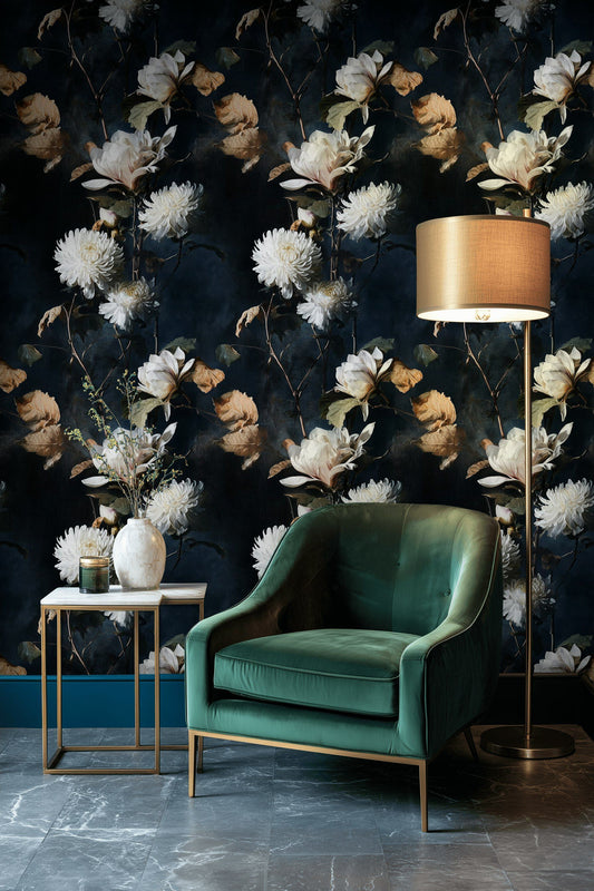 Dark Floral Wallpaper Moody Blossom White Flower Wall Decor