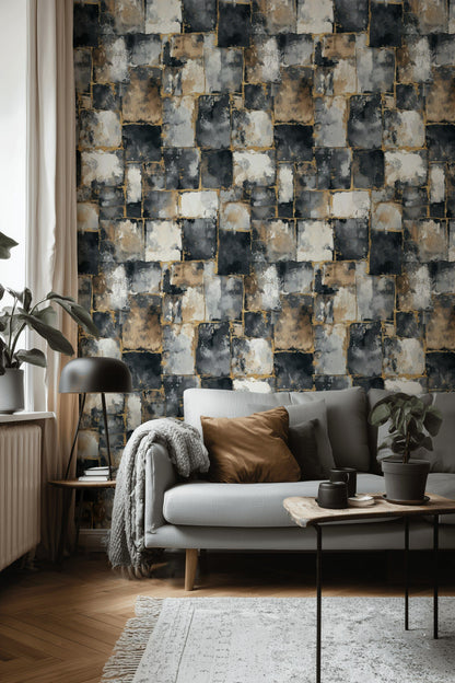 Moody Black and Beige Abstract Geometric Wallpaper