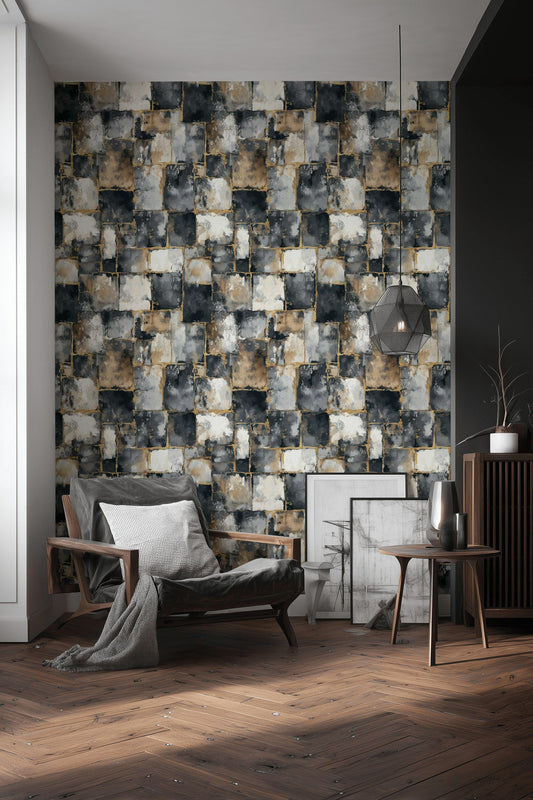Stone Block Wallpaper Gold Accent Removable Wall Decor