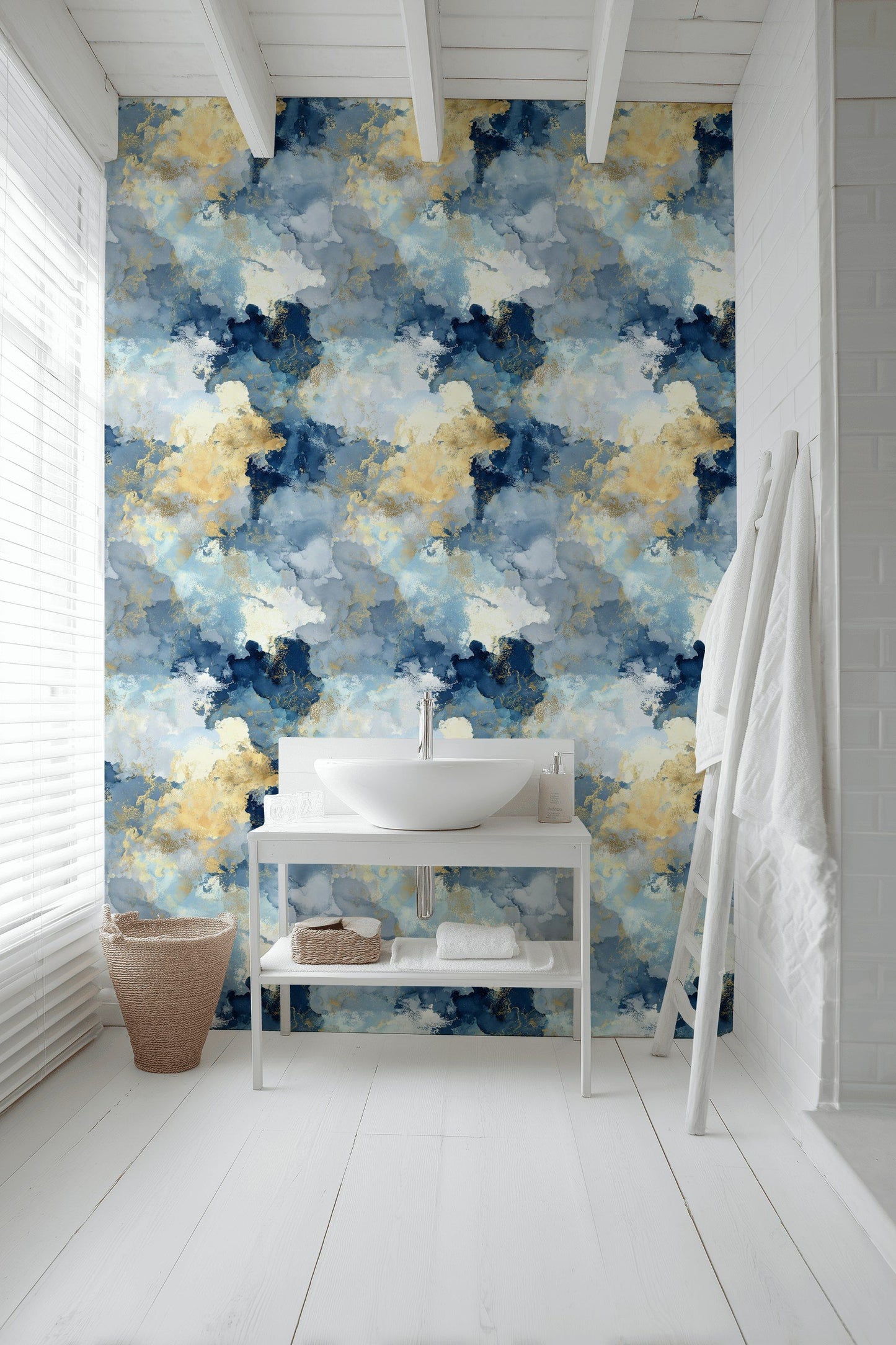 Blue Gold Abstract Wallpaper Watercolor Decorative Mural