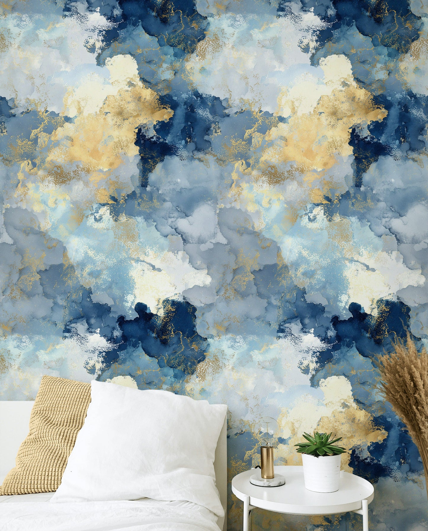 Blue Gold Abstract Wallpaper Watercolor Decorative Mural