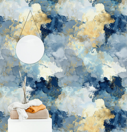 Blue Gold Abstract Wallpaper Watercolor Decorative Mural