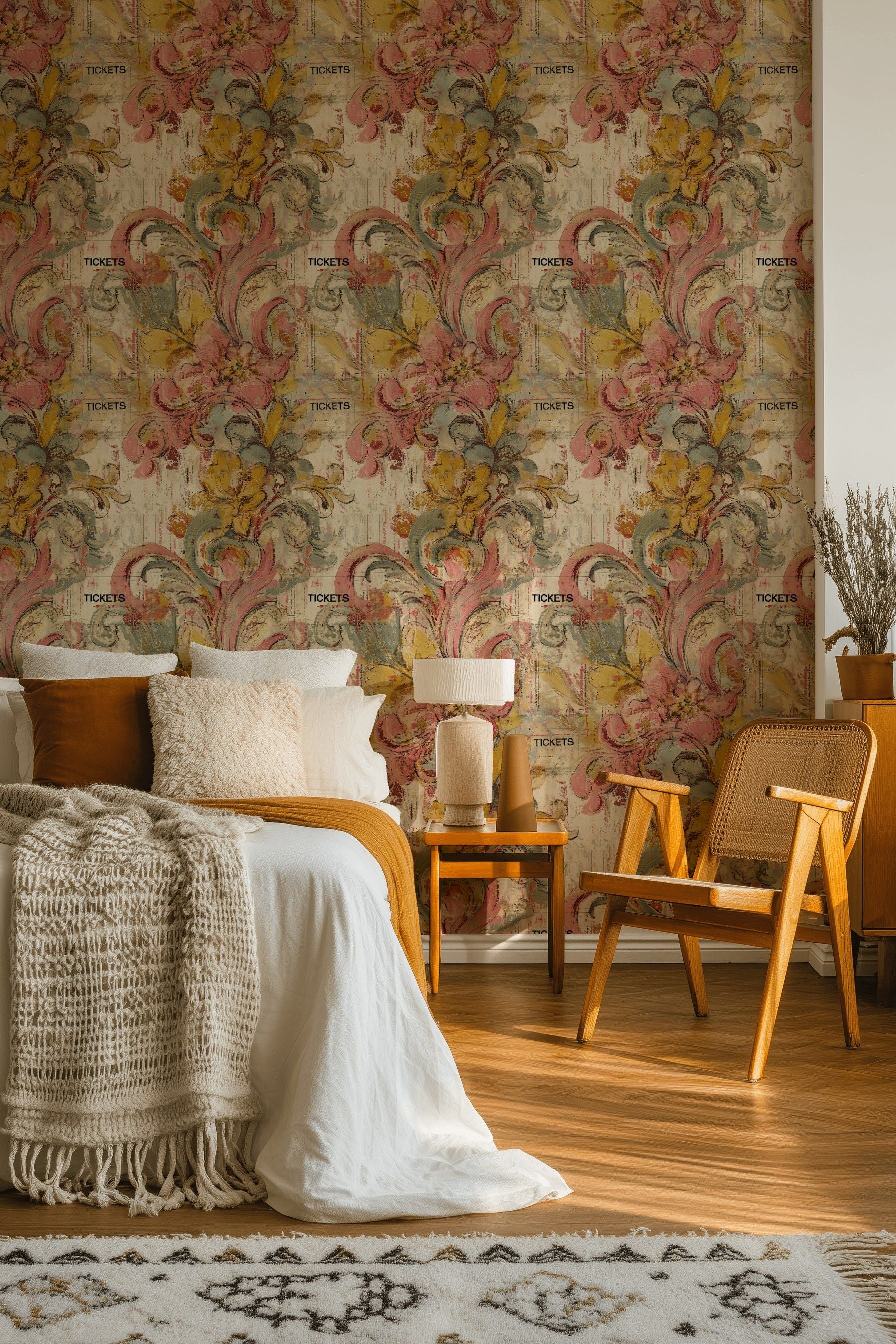 Beige Vintage Floral Swirl Wallpaper