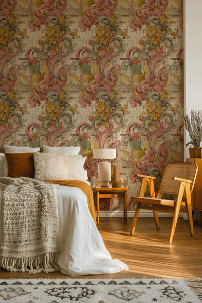 Beige Vintage Floral Swirl Wallpaper