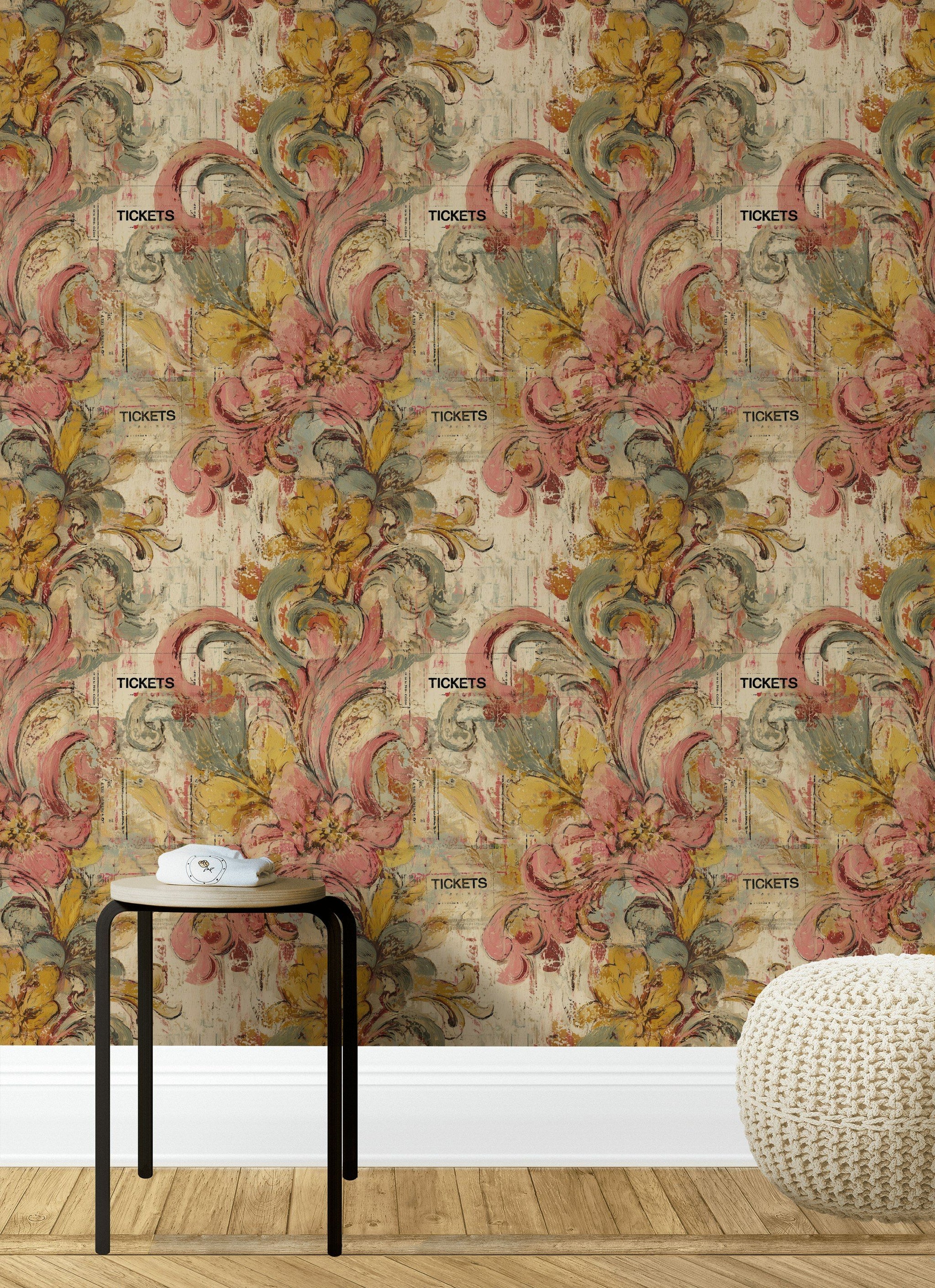Beige Vintage Floral Swirl Wallpaper