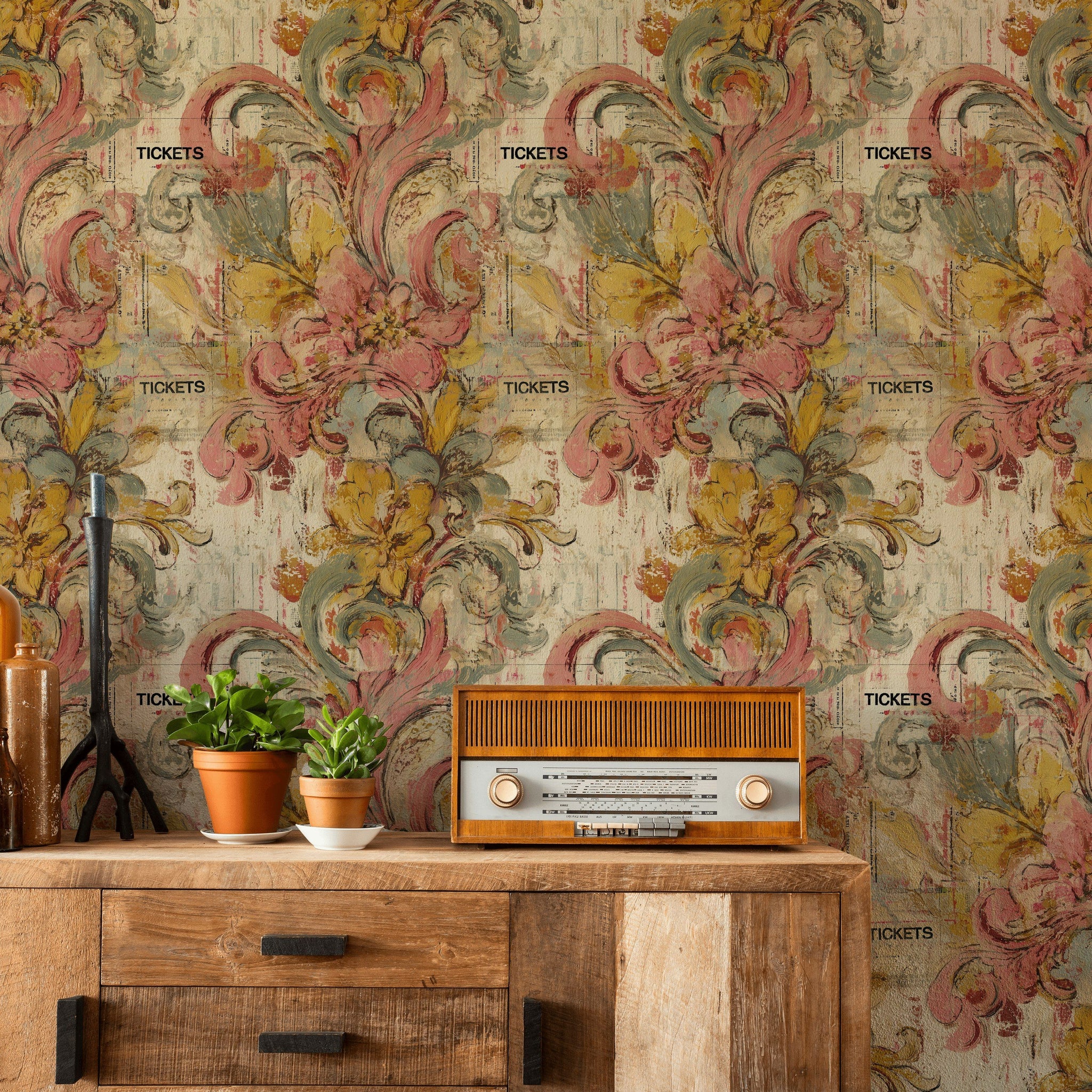 Beige Vintage Floral Swirl Wallpaper