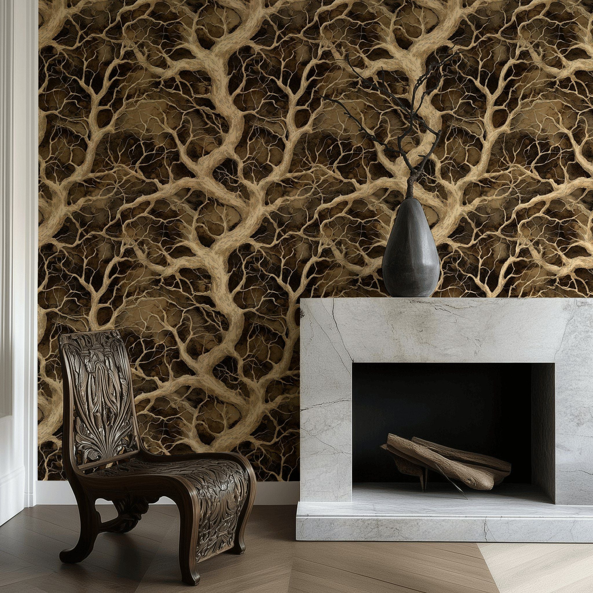 Dark Brown Textured Branch Botanical Wallpaper