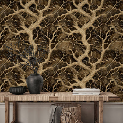 Dark Brown Textured Branch Botanical Wallpaper