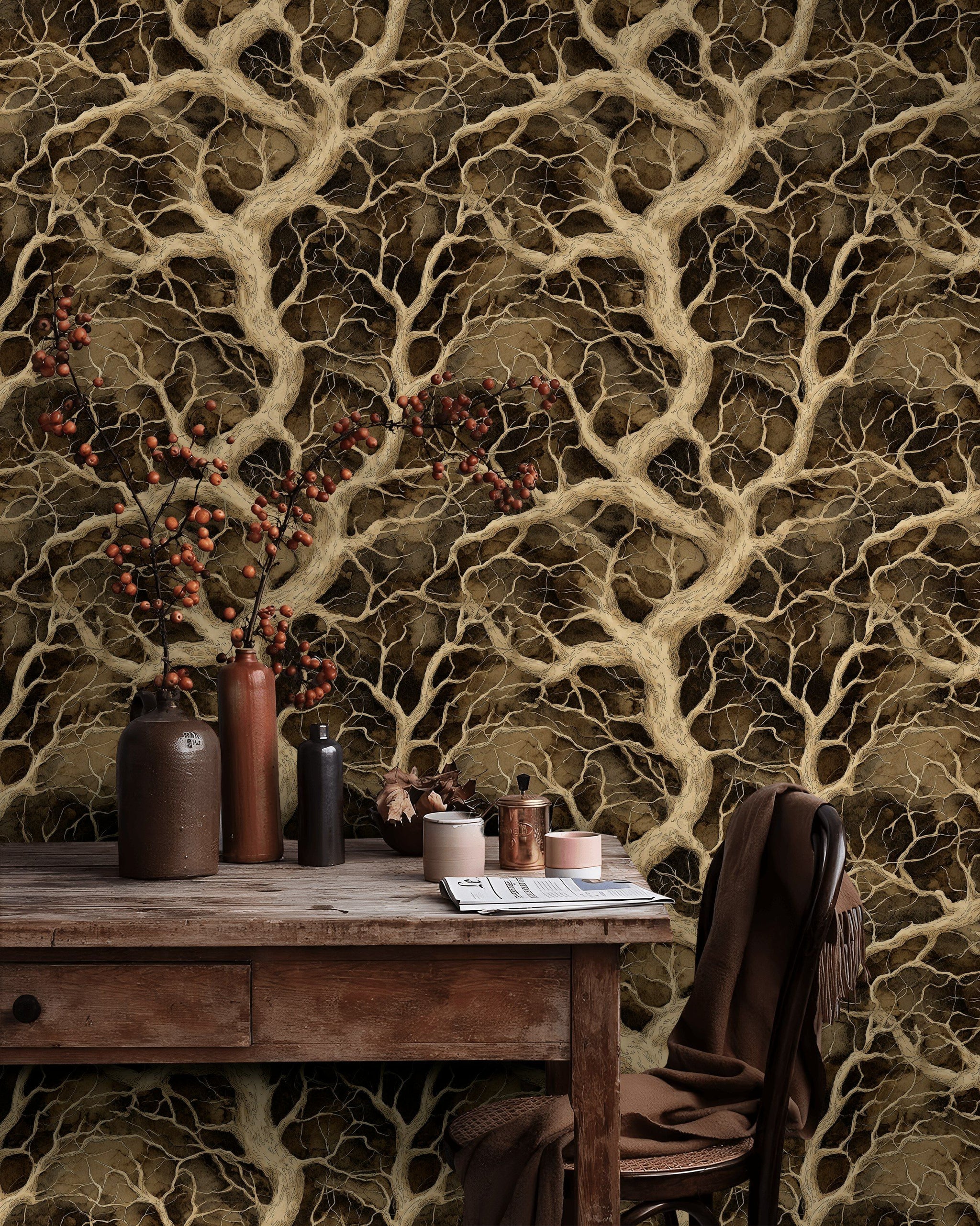 Dark Brown Textured Branch Botanical Wallpaper