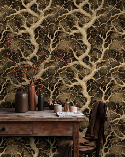 Dark Brown Textured Branch Botanical Wallpaper