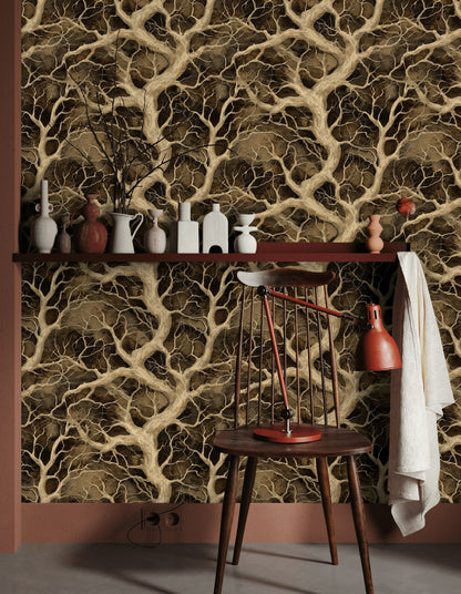 Dark Brown Textured Branch Botanical Wallpaper