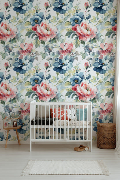 Soft Pastel Pink and Blue Floral Wallpaper