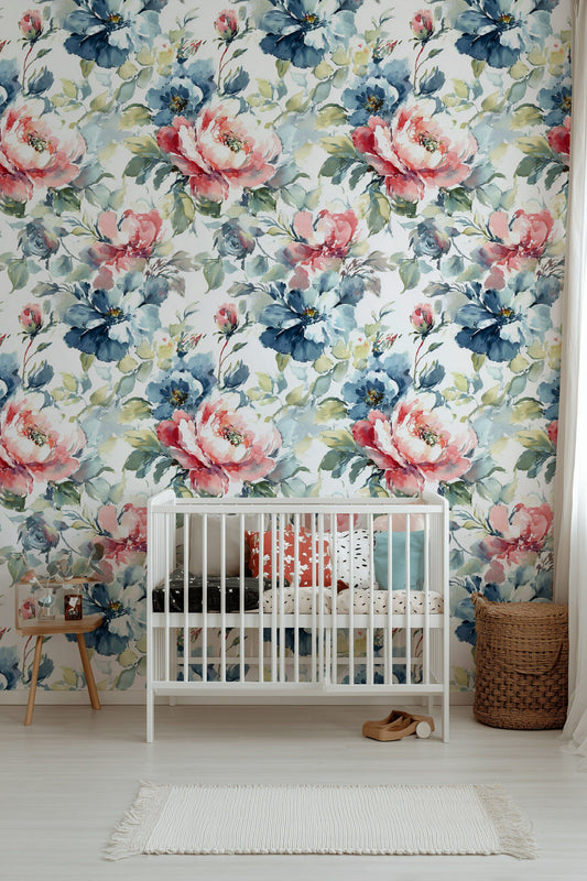 Watercolor Floral Wallpaper Blue Red Removable Wall Mural