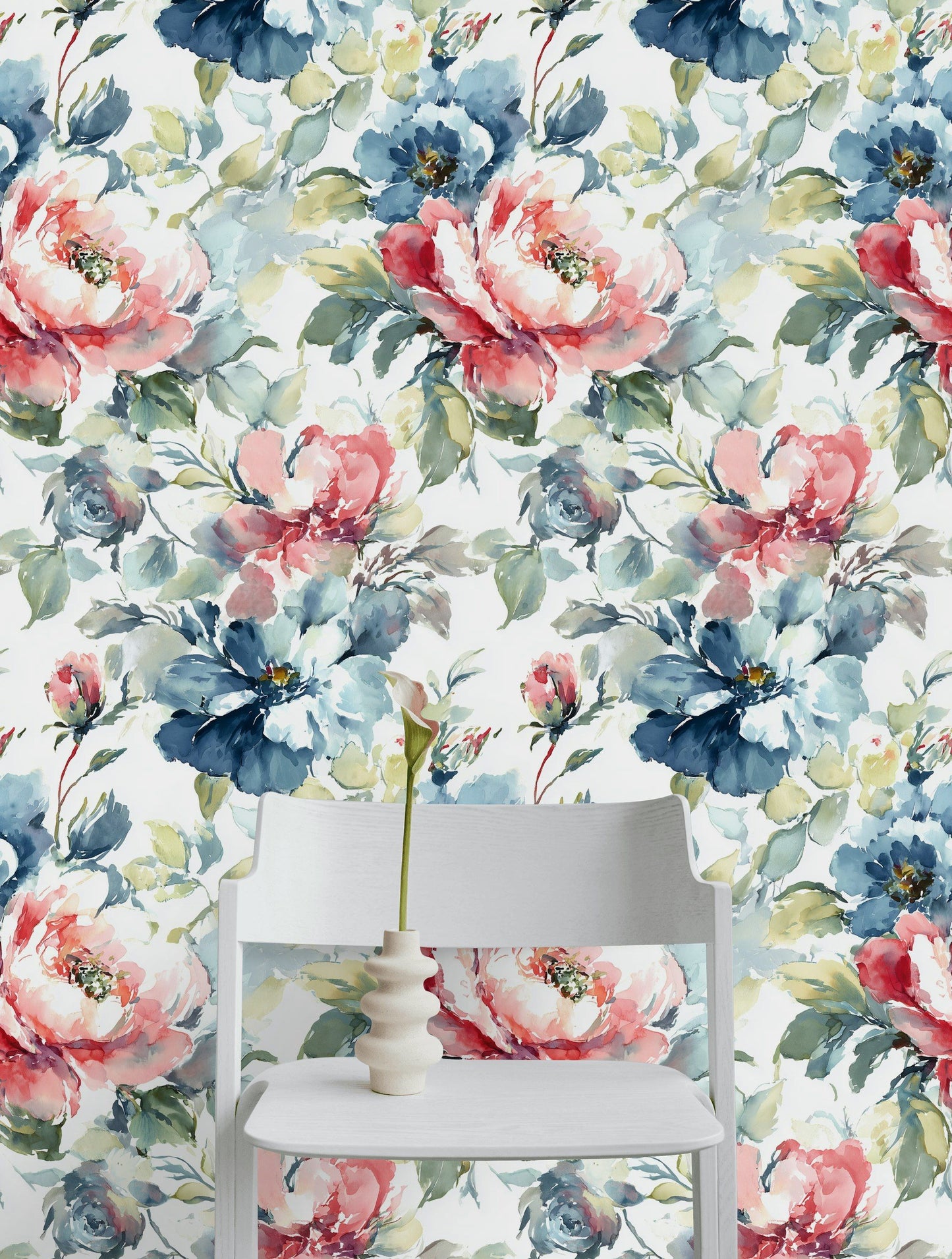 Watercolor Floral Wallpaper Blue Red Removable Wall Mural