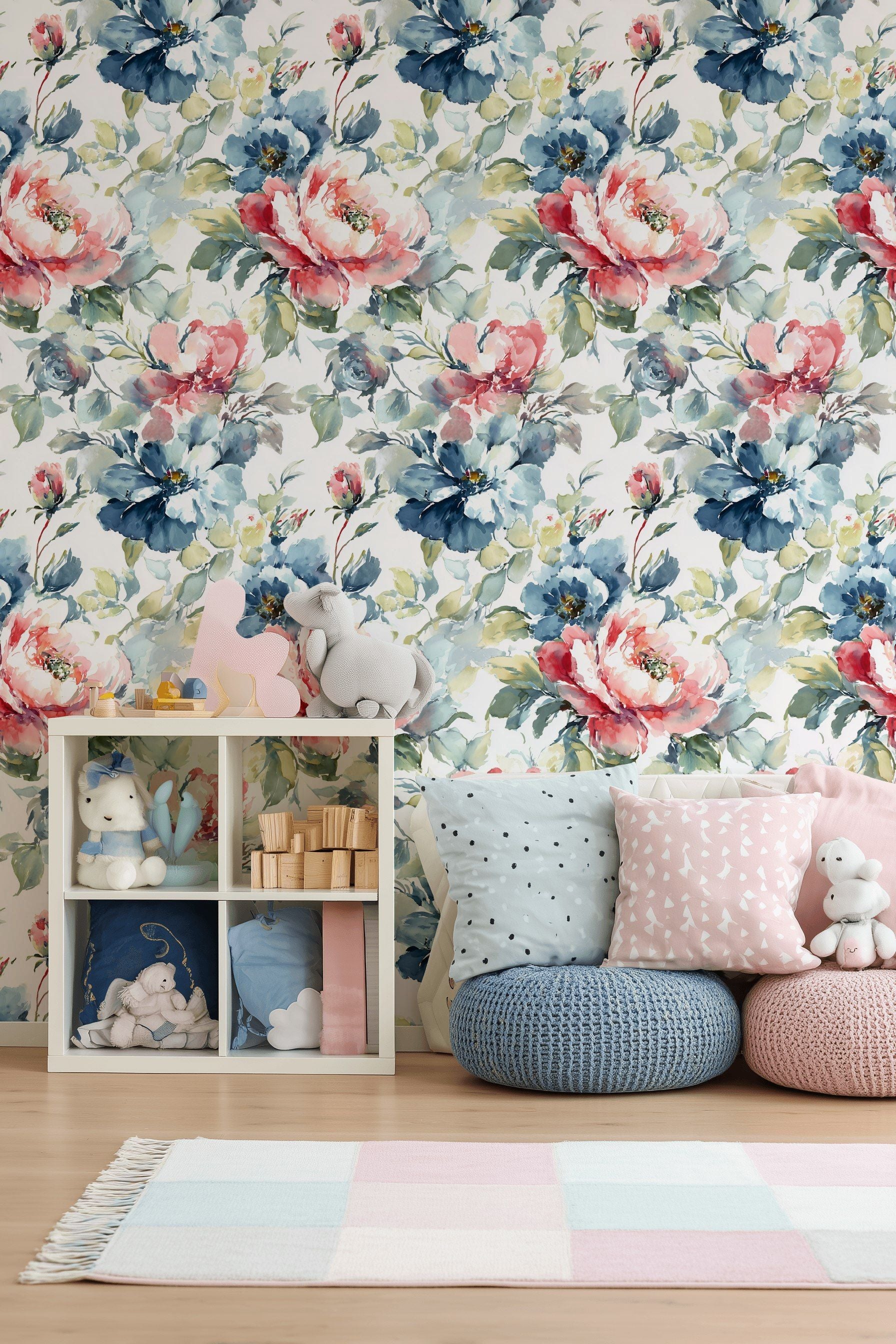 Soft Pastel Pink and Blue Floral Wallpaper