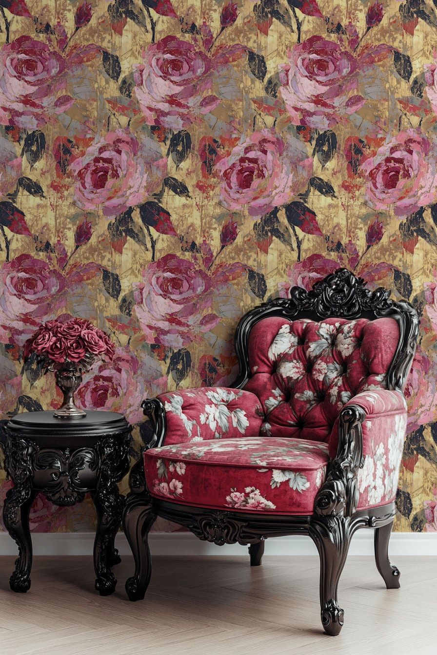 Golden Look Yellow Vintage Rose Floral Wallpaper