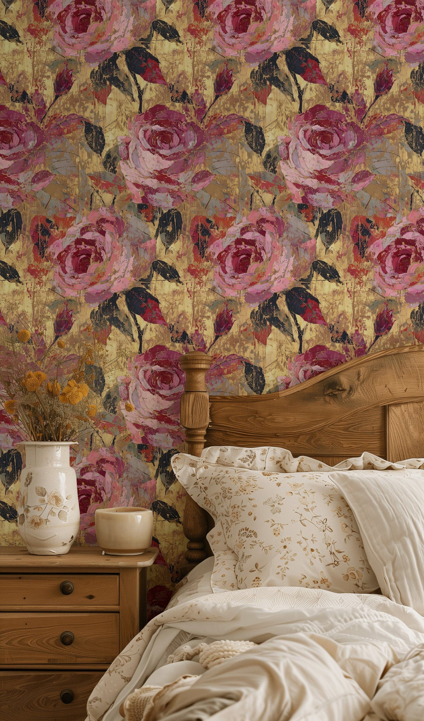 Pink Rose Wallpaper Gold Leaf Look Wall Mural