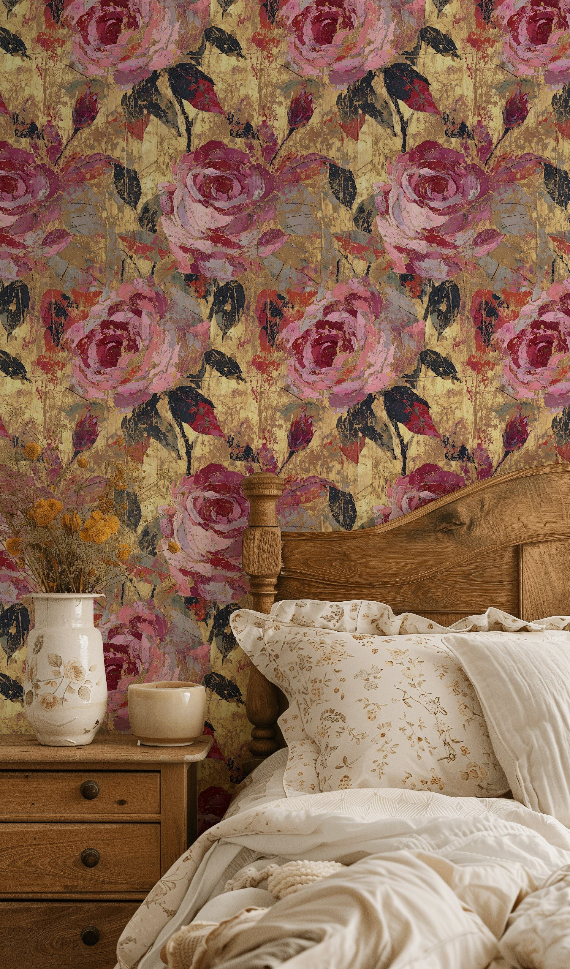 Golden Look Yellow Vintage Rose Floral Wallpaper