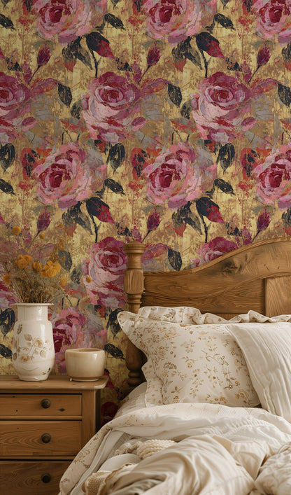 Golden Look Yellow Vintage Rose Floral Wallpaper