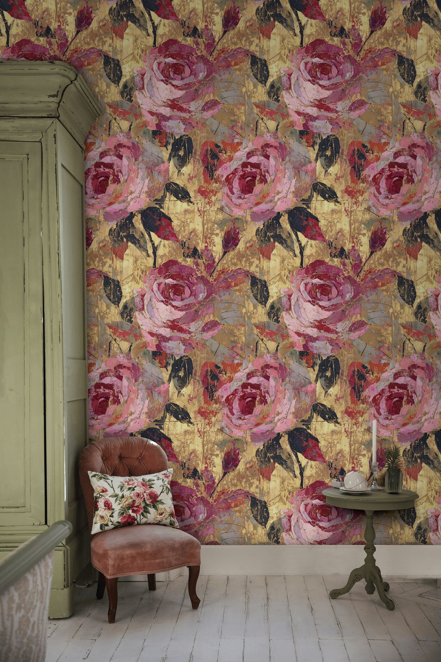 Pink Rose Wallpaper Gold Leaf Look Wall Mural