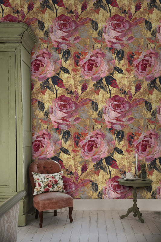Pink Rose Wallpaper Gold Leaf Look Wall Mural
