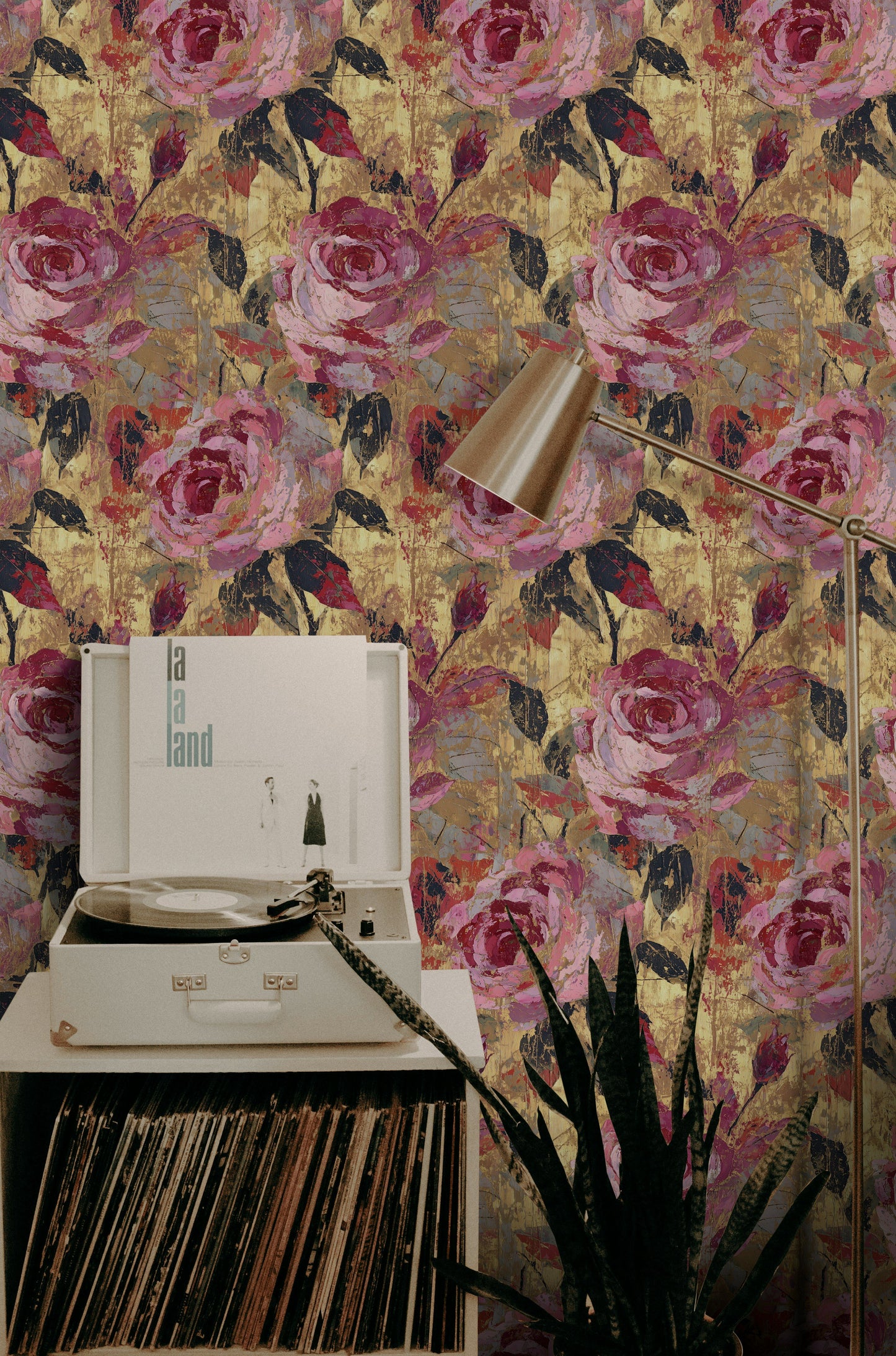 Pink Rose Wallpaper Gold Leaf Look Wall Mural