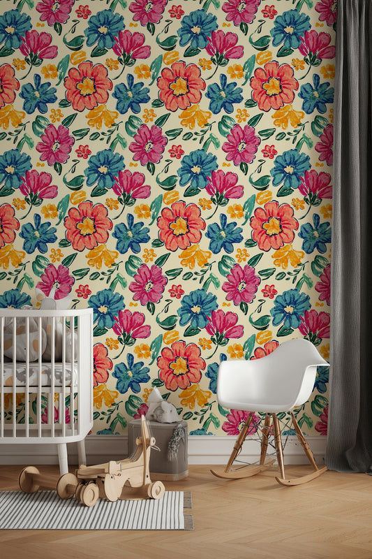 Colorful Floral Wallpaper Watercolor Mural Bold Wall Decor