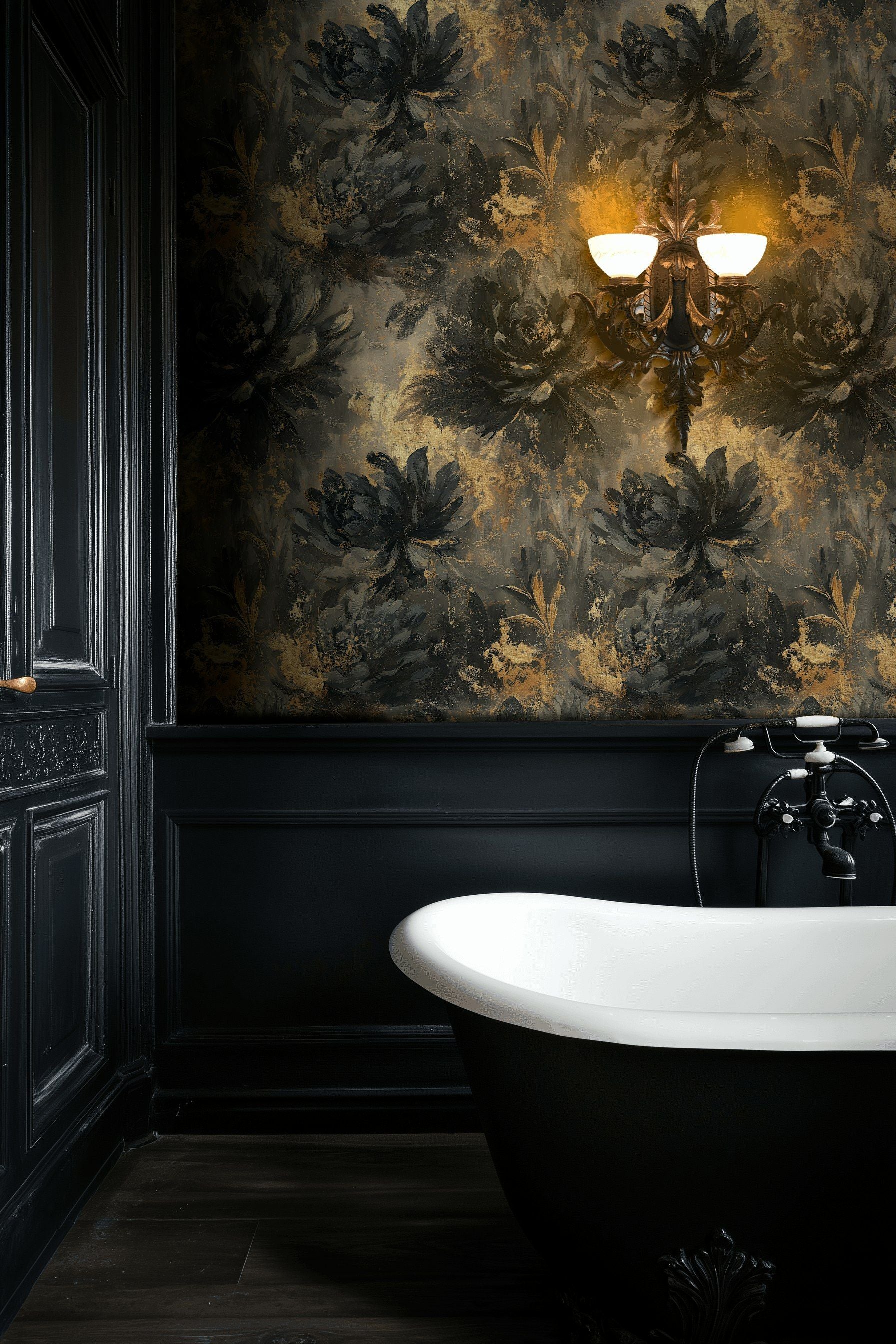 Deep Black and Gold Look Large Floral Wallpaper