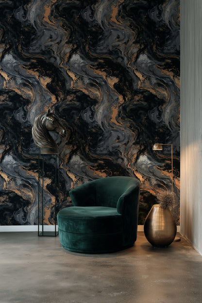 Black and Gold Look Abstract Marble Swirl Wallpaper