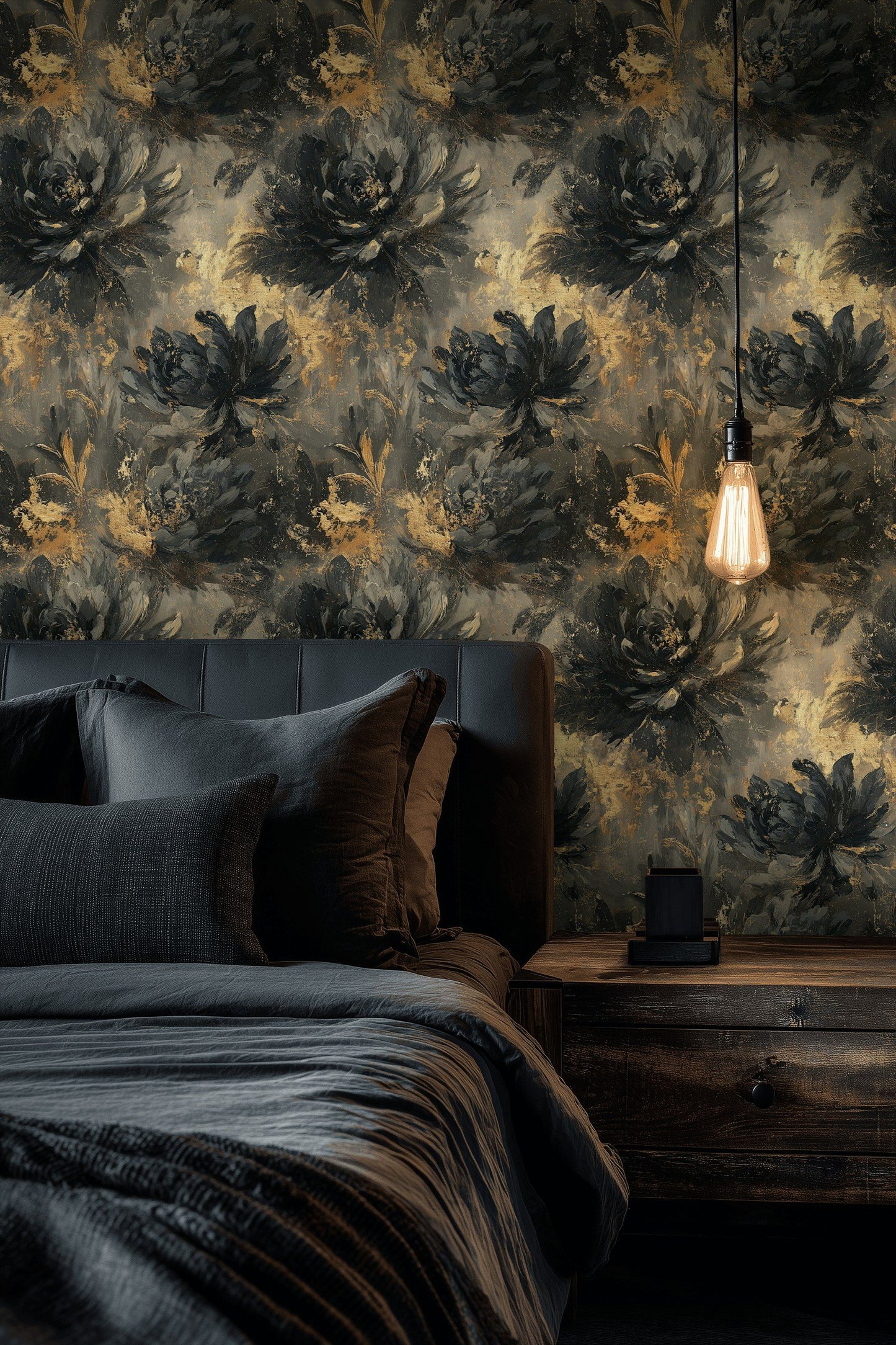 Gold Floral Wallpaper Black Grey Wall Mural