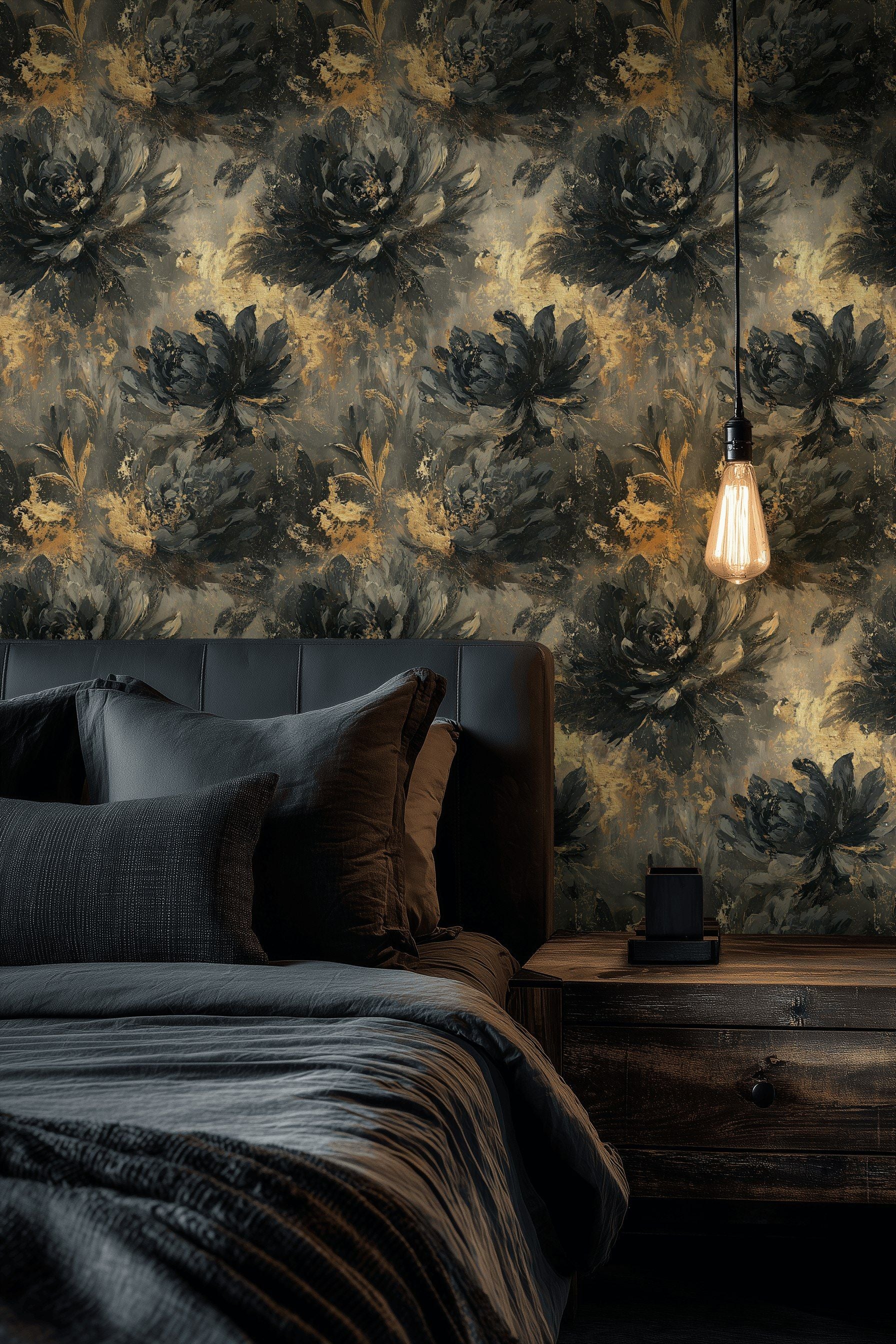 Deep Black and Gold Look Large Floral Wallpaper